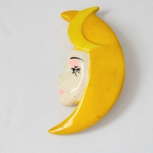 VTG Crescent Moon Women’s Face Brooch Pin Hand Painted Celestial Lady C - Clasp